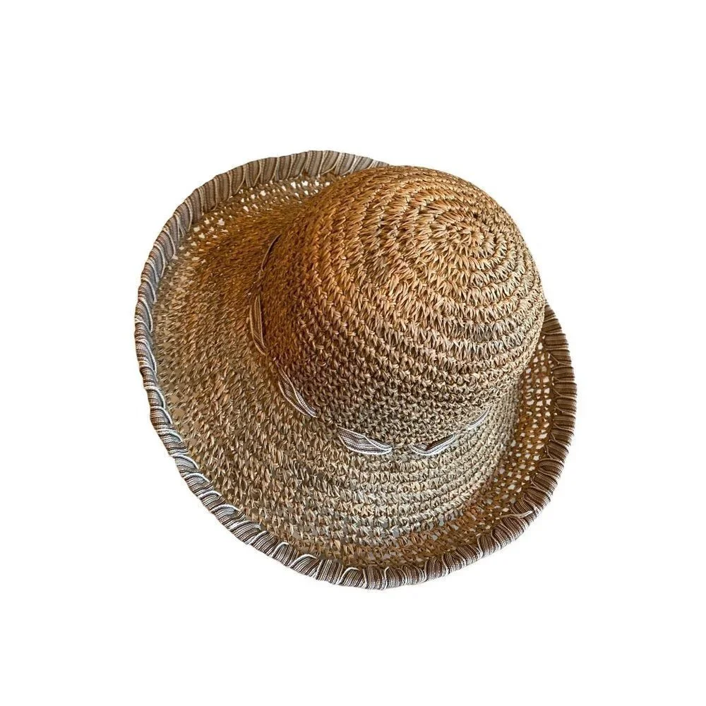 Natural Straw Hat Neutral Striped‎ Ribbon Detail One Size